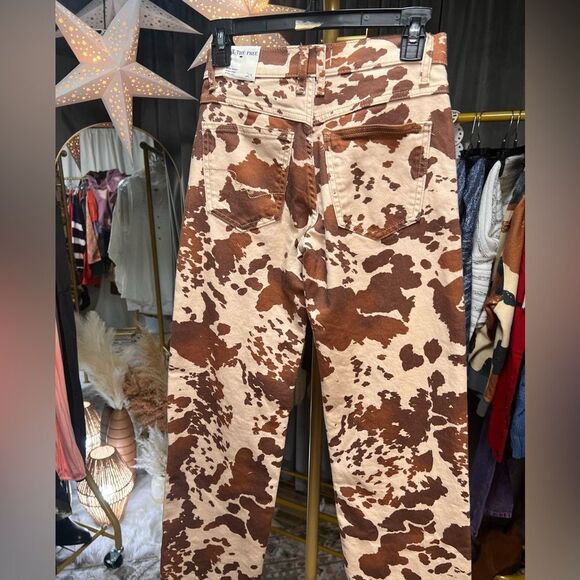 Free People Risk Taker Mid Rise Printed Jeans in Tea Combo-Cow Print - Picture 9 of 10